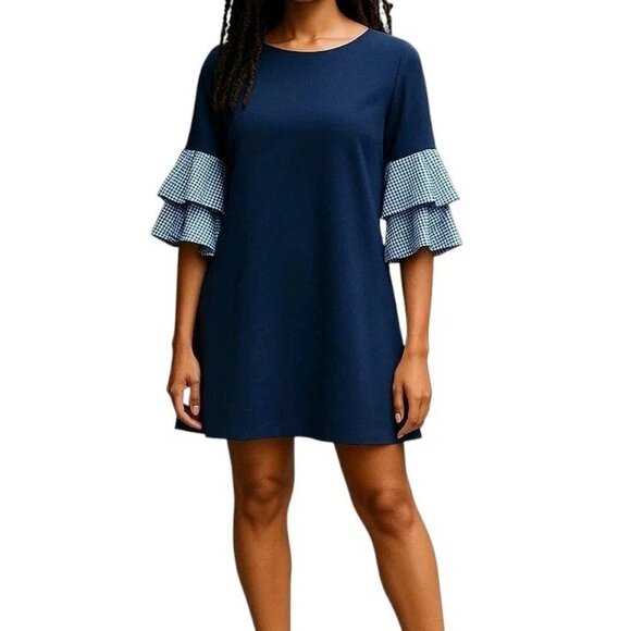 Jessica Howard Shift Dress Size 12P Navy Blue White Gingham Ruffled 3/4 Sleeves - Picture 1 of 10